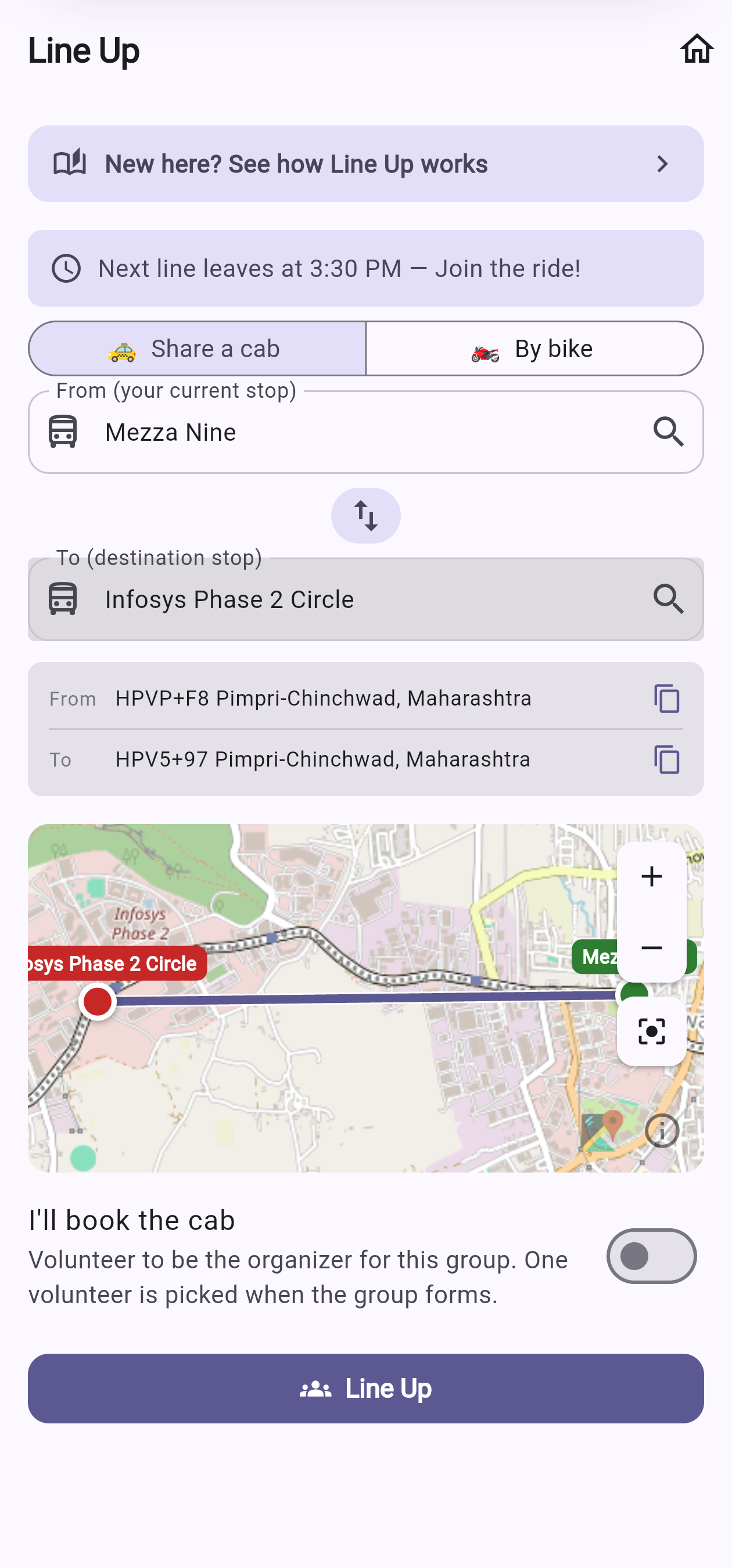 Line Up form: next-line time, your two stops, and the 'I'll book the cab' toggle