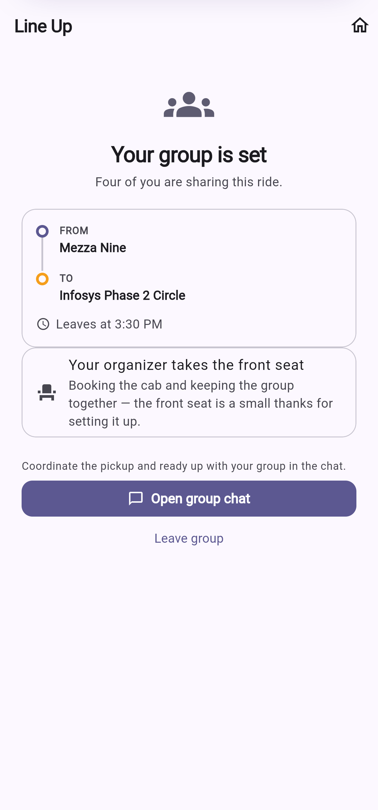 Your group is set — four of you are sharing this ride, with the organiser front-seat note